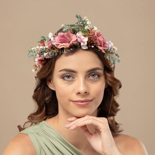 Radhu & Kabby Dusty Pink Floral Hair Tiara for Women | Artificial Roses & Greenery with Ribbon Tie | Elegant Crown for Weddings, Photoshoots, Garden Parties & Festive Looks | 1 Pc - Image 2