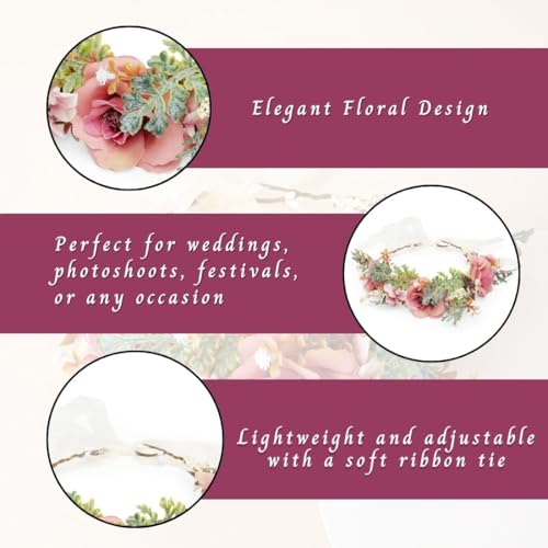 Radhu & Kabby Dusty Pink Floral Hair Tiara for Women | Artificial Roses & Greenery with Ribbon Tie | Elegant Crown for Weddings, Photoshoots, Garden Parties & Festive Looks | 1 Pc - Image 4