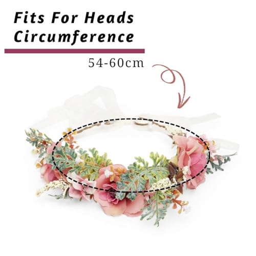 Radhu & Kabby Dusty Pink Floral Hair Tiara for Women | Artificial Roses & Greenery with Ribbon Tie | Elegant Crown for Weddings, Photoshoots, Garden Parties & Festive Looks | 1 Pc - Image 3