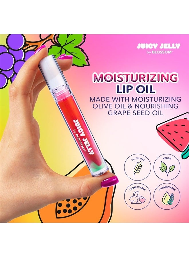 Blossom Juicy Jelly Moisturizing Lip Care Fruit Flavored Nourishing Lip Oil with Doe Foot Wand Applicator, 0.09 fl oz, Watermelon