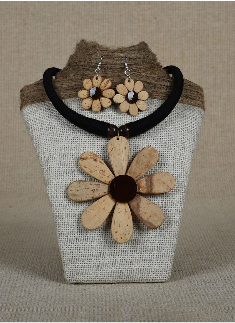N & H - Women's Coconut Shell Flower Design Necklace with Earrings Set - Image 1