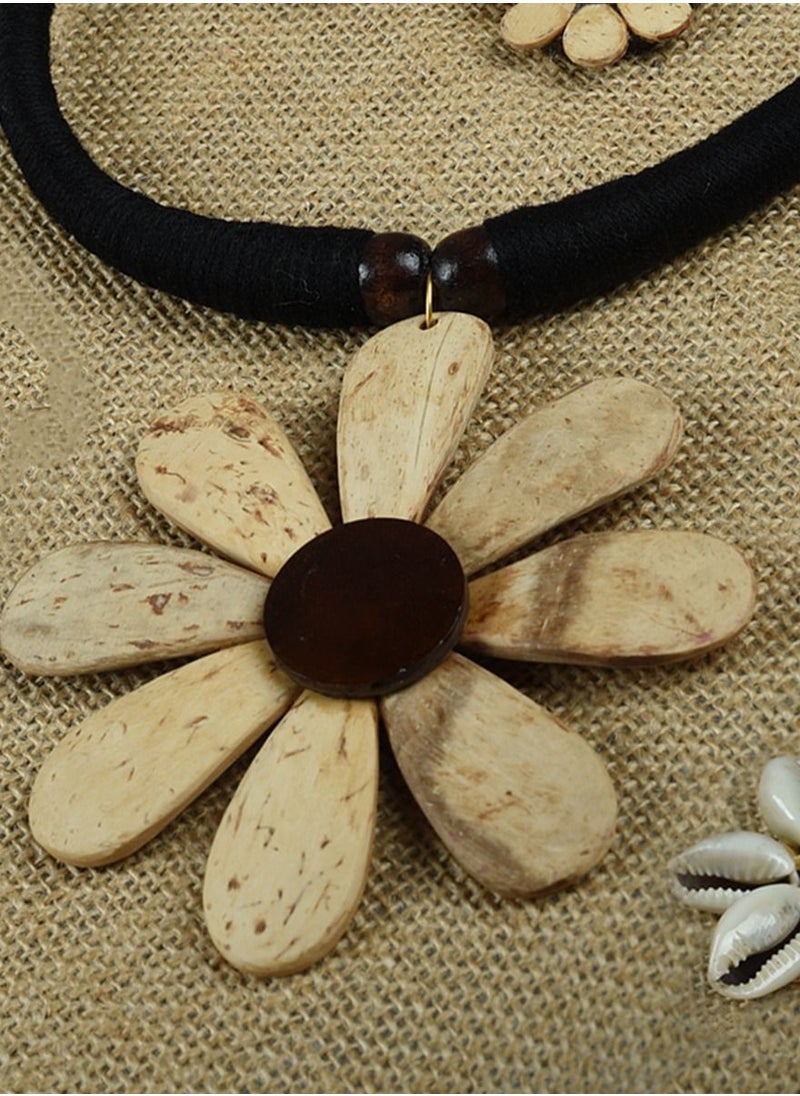N & H - Women's Coconut Shell Flower Design Necklace with Earrings Set - Image 1