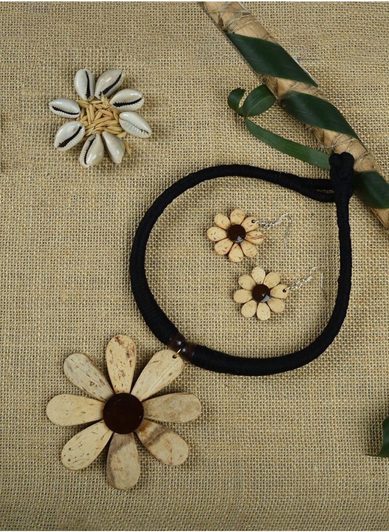 N & H - Women's Coconut Shell Flower Design Necklace with Earrings Set - Image 1