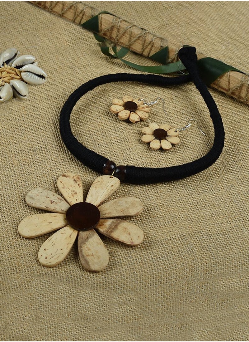 N & H - Women's Coconut Shell Flower Design Necklace with Earrings Set - Image 1