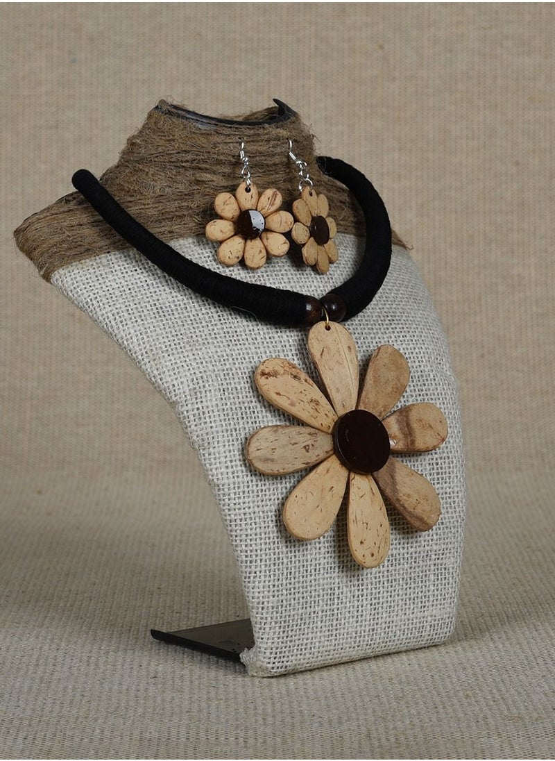 N & H - Women's Coconut Shell Flower Design Necklace with Earrings Set - Image 1