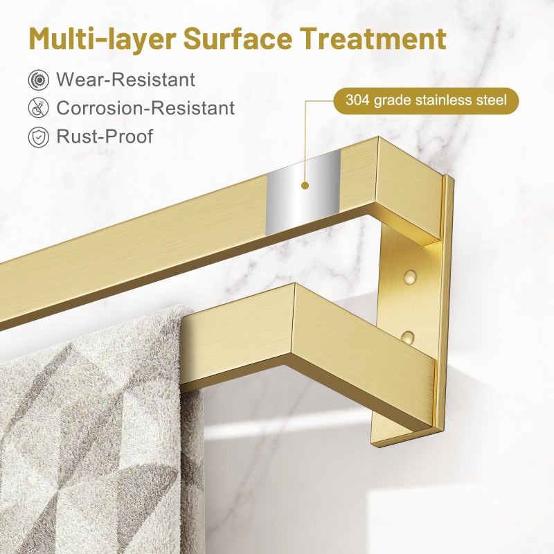 TNOMS Double Towel Bar,Towel Rack for Bathroom Stainless Steel Wall-Mounted Bathroom Hardware Accessories Brushed Gold 32 Inch - Image 4