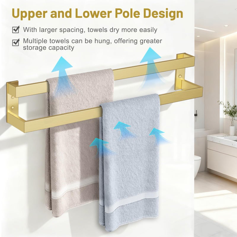 TNOMS Double Towel Bar,Towel Rack for Bathroom Stainless Steel Wall-Mounted Bathroom Hardware Accessories Brushed Gold 32 Inch - Image 2