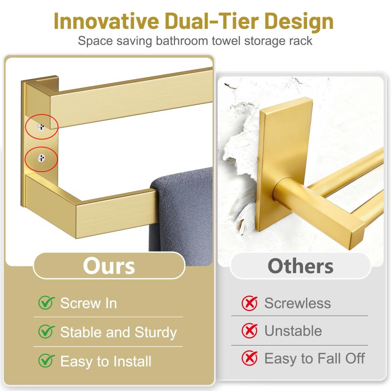 TNOMS Double Towel Bar,Towel Rack for Bathroom Stainless Steel Wall-Mounted Bathroom Hardware Accessories Brushed Gold 32 Inch - Image 5