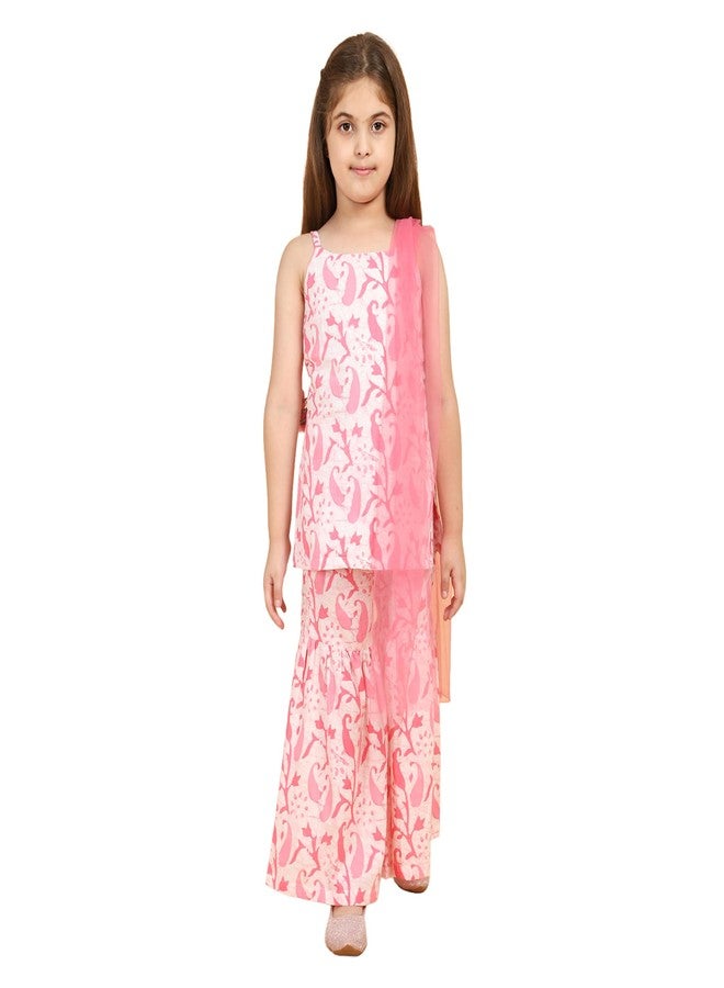 PICCOLO Girls Traditional Dress Kids Girls Traditional Dress Girls Printed Kurti & Sharara set With Dupatta - Pink