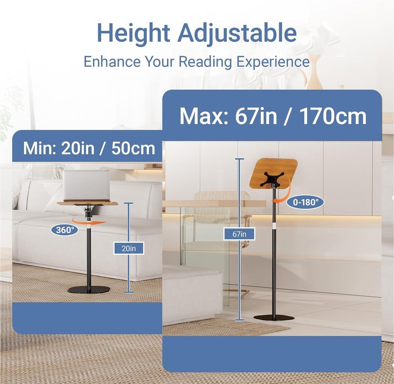 Height Adjustable Book Stand for Reading (50-170CM) - 180° Rotating Hands-Free Folding Flexible Book Holder with Page Clip for Quran, Cookbooks, Magazines, Textbook, Laptop (Black) - Image 3