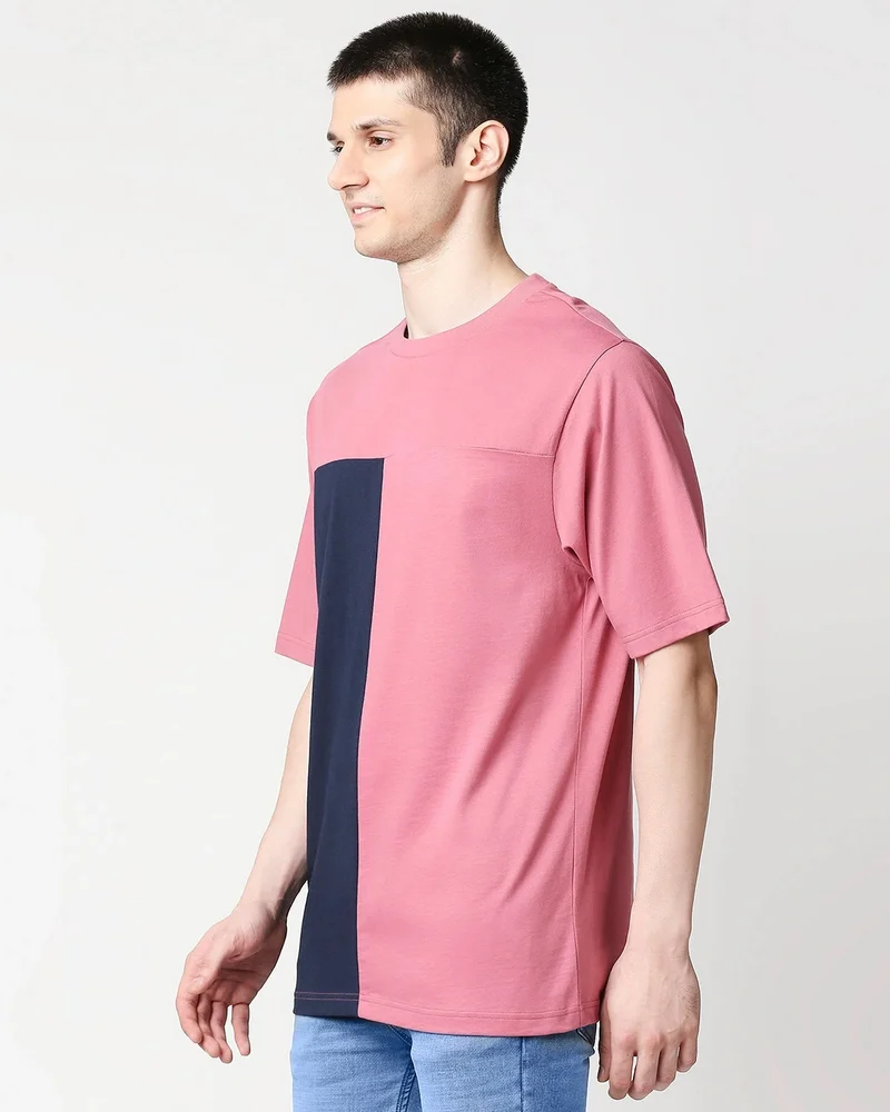 bewakoof Men's Heather Rose & Blue Color Block Oversized T-shirt