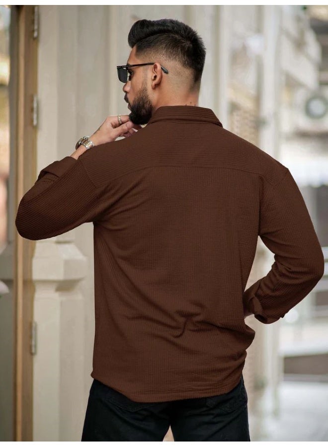 Maniac Maniac Mens Solid 2 Pockets collared Neck Full Sleeve Brown Oversized Cotton Shirt  - Image 5