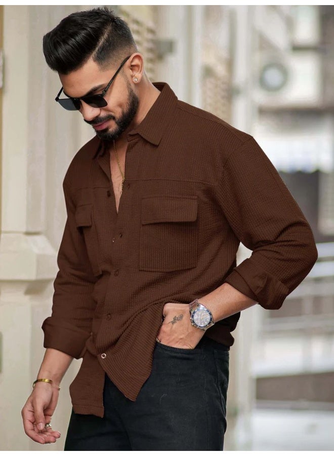 Maniac Maniac Mens Solid 2 Pockets collared Neck Full Sleeve Brown Oversized Cotton Shirt  - Image 3