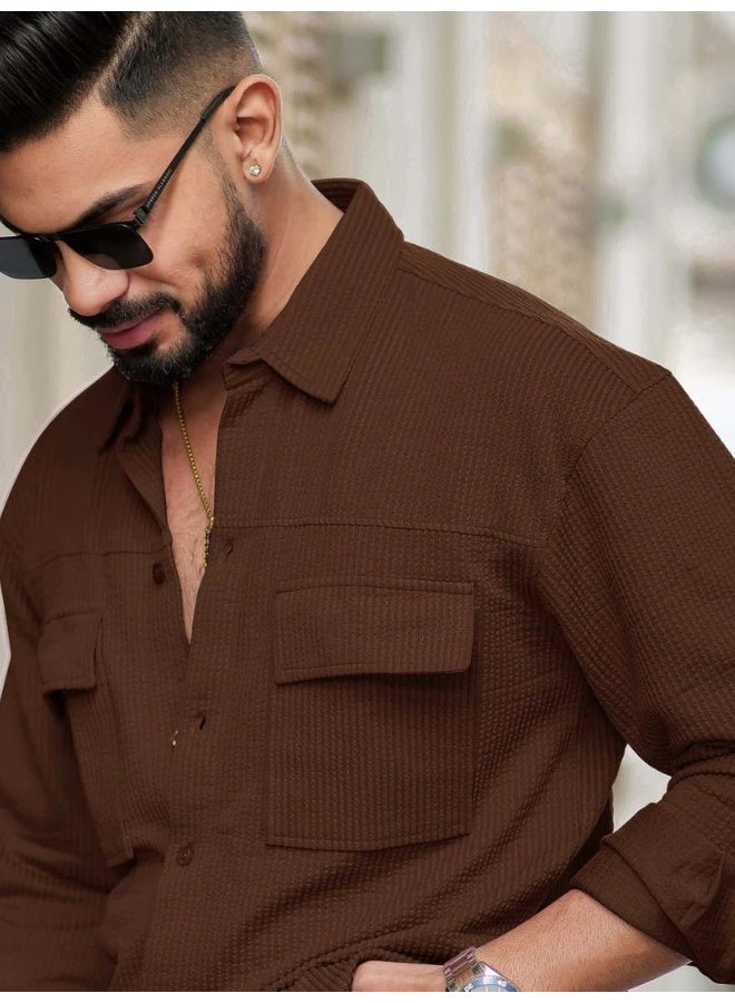 Maniac Maniac Mens Solid 2 Pockets collared Neck Full Sleeve Brown Oversized Cotton Shirt  - Image 2