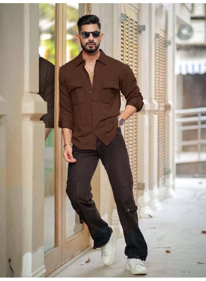 Maniac Maniac Mens Solid 2 Pockets collared Neck Full Sleeve Brown Oversized Cotton Shirt  - Image 1