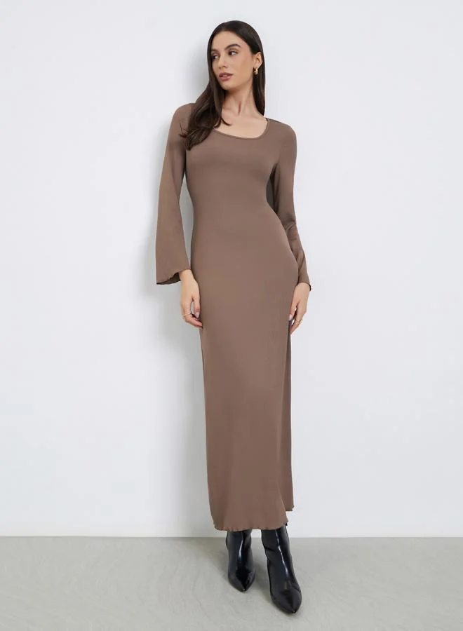 Take Two Take Two Brown Square Neck Ribbed Maxi Dress