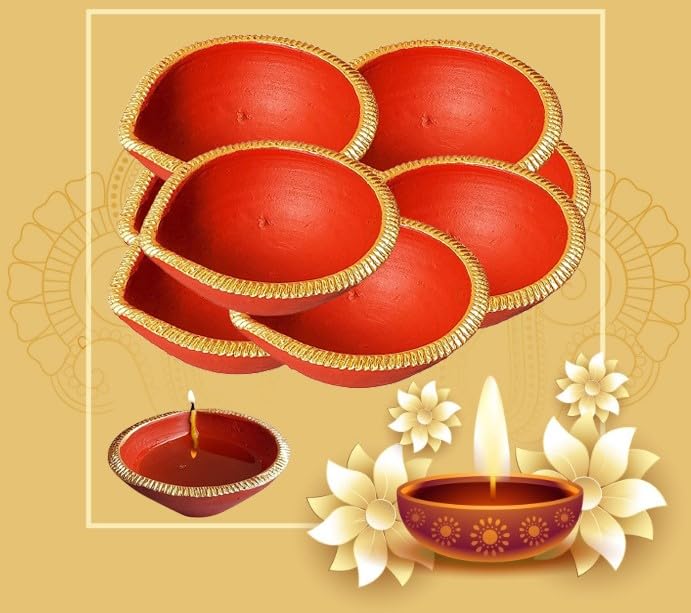 Craft Park Terracotta Handmade Decorative Diya 2 Inch Red with Golden Pack of 21 - Image 2