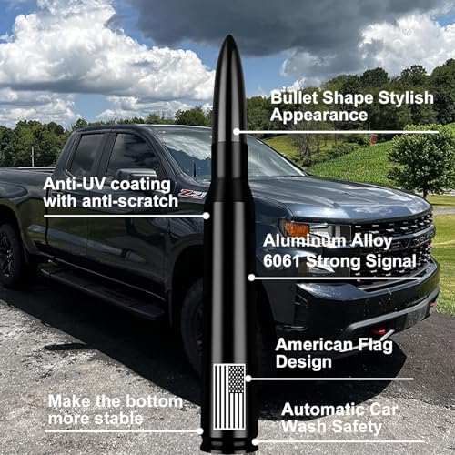 Engirette American Flag 50 Cal Bullet Antenna - Anti-Theft Design for GM Chevy Silverado & GMC Sierra 1500 2500HD 3500HD Custom High Country ZR2 Z71 RST Redline AT4 Denali 2007-2025 (Black) - Image 3