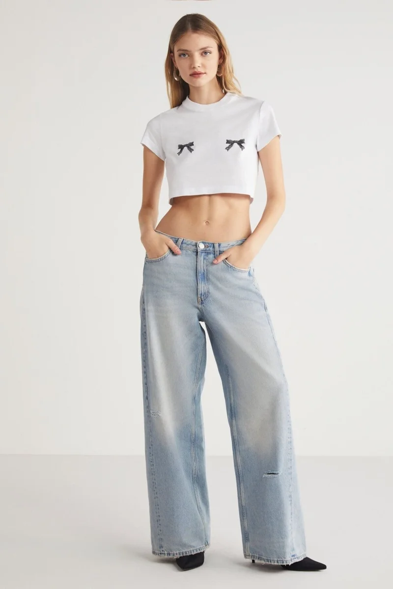 جريميلانج Red Crew Neck 100% Cotton Piece Printed Short Sleeve Crop White T-Shirt