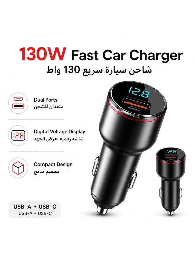 شاحن سيارة ثنائي المنافذ بقوة 130 واط مع كابل شحن ثلاثي 100 واط – منفذ PD 100 واط للحاسوب المحمول ومنفذ USB-A 30 واط، مزود بتقنية تنظيم جهد ذكية لجميع المركبات 12V-24V - Image 2