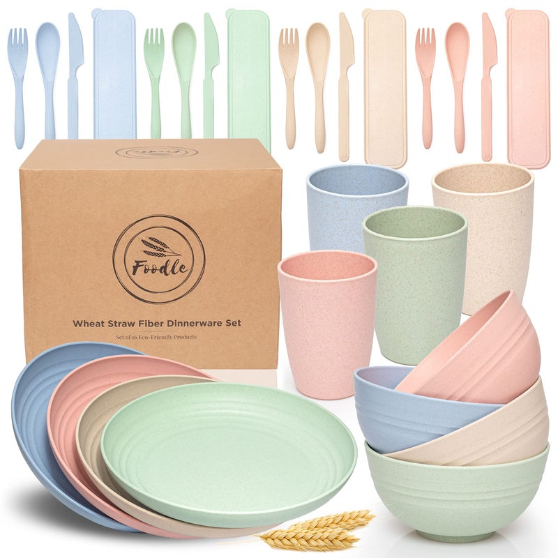 FOODLE Wheat Straw Dinnerware Set  BPA Free  Safety Tested  Dishwasher  Microwave Safe  Toddler  Kids Plates and Bowls Sets  Plastic Plates Reusable  Perfect for RV Camping Dishes  For 4