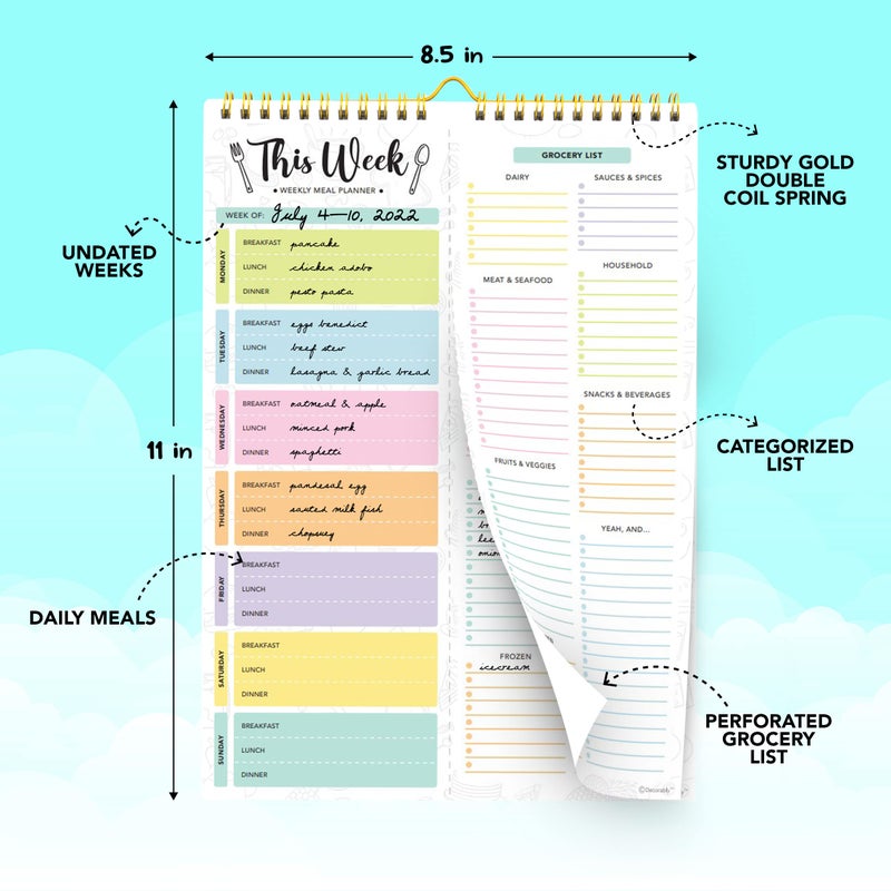 Decorably 52 Sheets Pastel Undated Weekly Meal Planner and Grocery List with Strong Magnets, 8.5x11in Spring-Bound Magnetic Meal Planning Notepad, Weekly Menu Planner Pad - Image 3