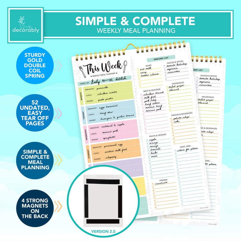 Decorably 52 Sheets Pastel Undated Weekly Meal Planner and Grocery List with Strong Magnets, 8.5x11in Spring-Bound Magnetic Meal Planning Notepad, Weekly Menu Planner Pad - Image 4