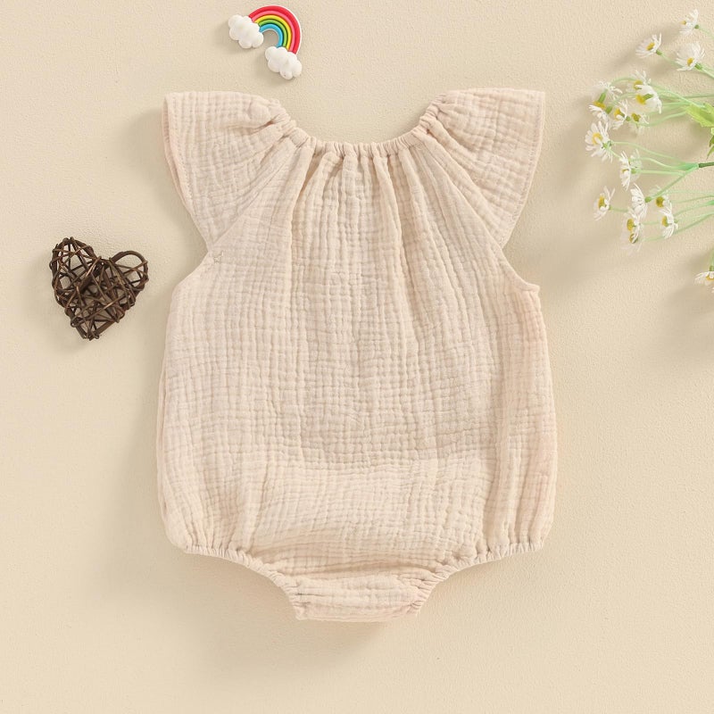 Mubineo Baby Girl Boy Summer Cotton Linen Romper Clothes Basic Plain Ruffle Sleeveless Comfy Rompers Newborn Tops (Beige, 0-3 Months) - Image 4