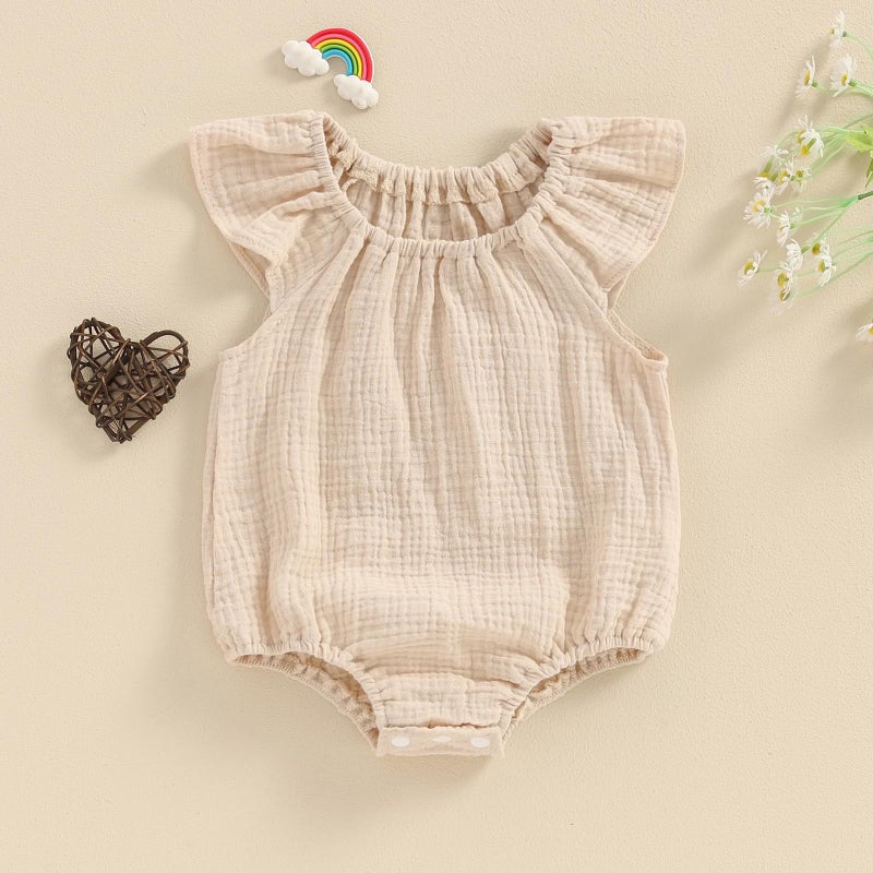 Mubineo Baby Girl Boy Summer Cotton Linen Romper Clothes Basic Plain Ruffle Sleeveless Comfy Rompers Newborn Tops (Beige, 0-3 Months) - Image 3