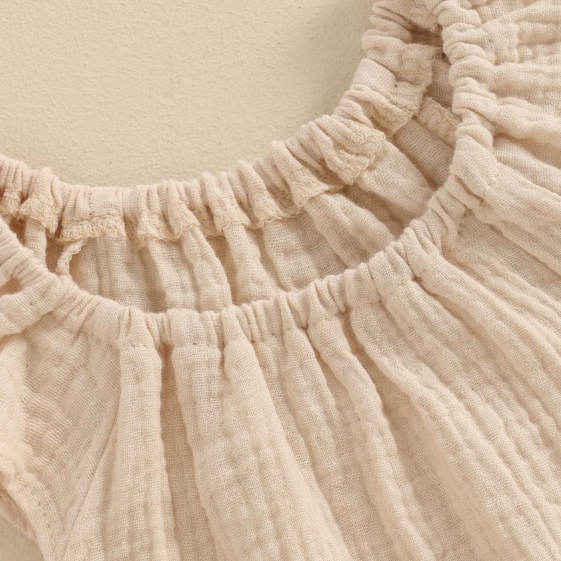 Mubineo Baby Girl Boy Summer Cotton Linen Romper Clothes Basic Plain Ruffle Sleeveless Comfy Rompers Newborn Tops (Beige, 0-3 Months) - Image 5