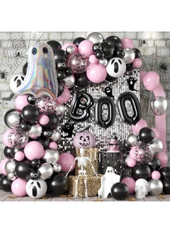 Halloween Balloon Arch Garland Kit With Black Pink Halloween Balloons, Boo Ghost Foil Balloons, Metallic Silver Black Pink Latex Balloons Bat Confetti For Kids Girls Halloween Party Decoration