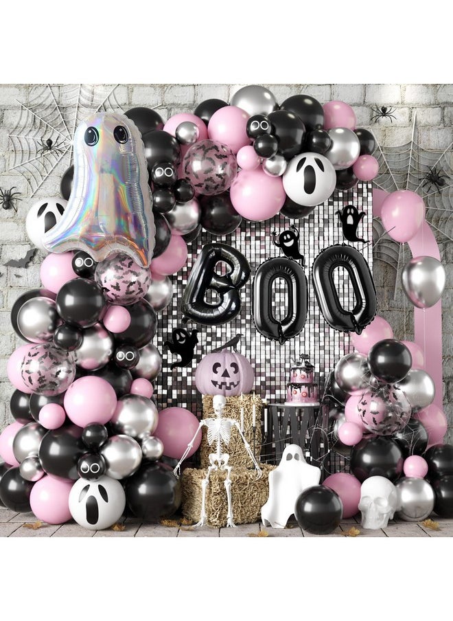 Biapian - Halloween Balloon Arch Garland Kit With Black Pink Halloween Balloons, Boo Ghost Foil Balloons, Metallic Silver Black Pink Latex Balloons Bat Confetti For Kids Girls Halloween Party Decoration - Image 1