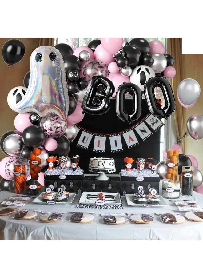 Biapian - Halloween Balloon Arch Garland Kit With Black Pink Halloween Balloons, Boo Ghost Foil Balloons, Metallic Silver Black Pink Latex Balloons Bat Confetti For Kids Girls Halloween Party Decoration - Image 1