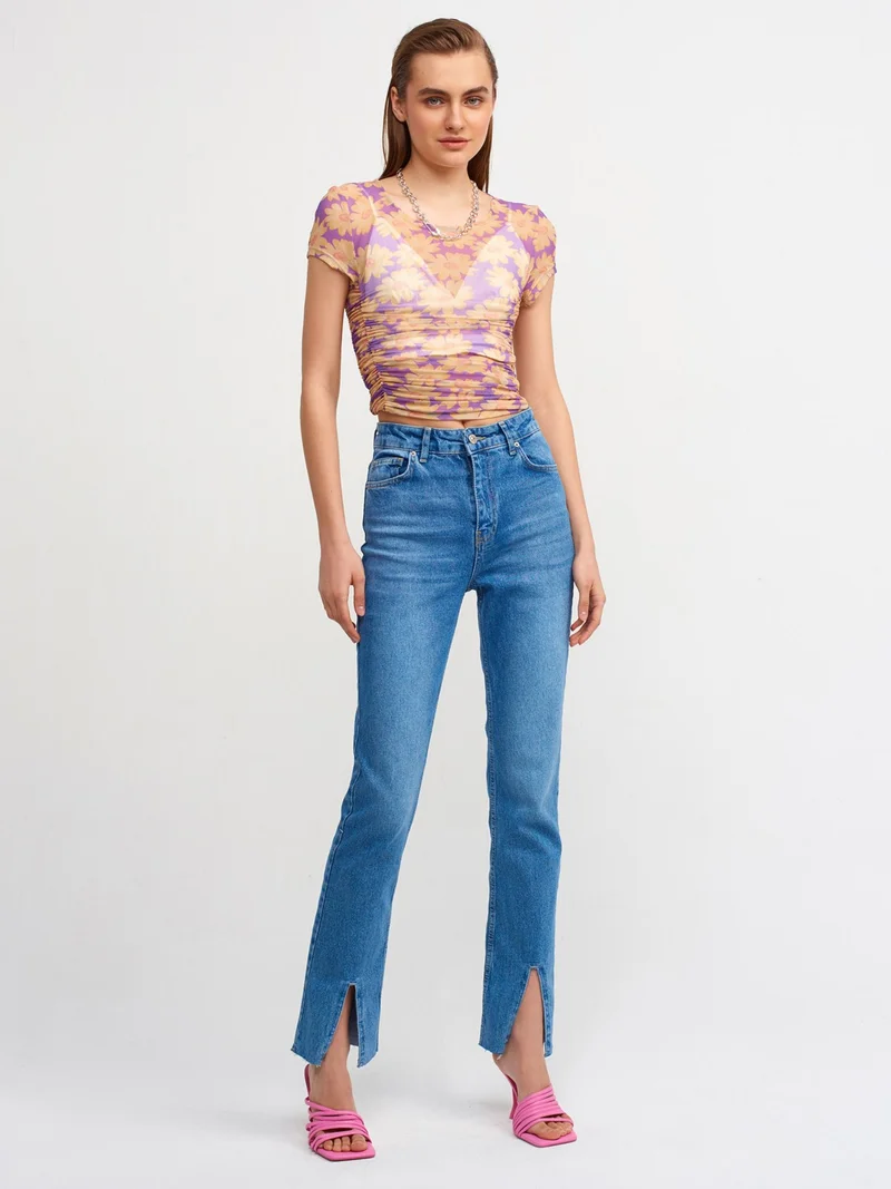 Dilvin 30110 Patterned Gathered Tulle Top-Purple