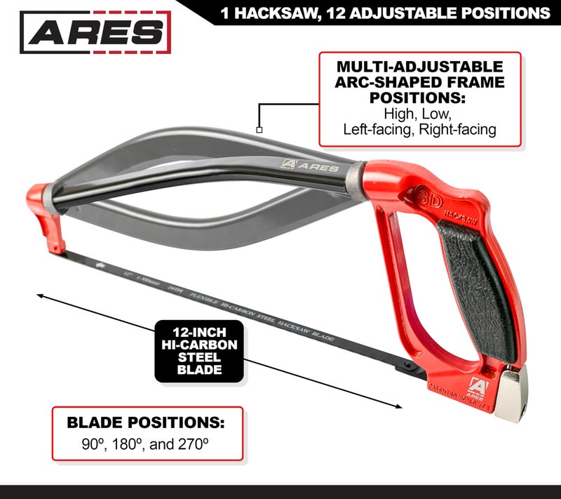 ARES 70098-3D Professional Hacksaw - Multi-Adjustable Arc-Shaped Frame - Multi-Angle Blade Position - 12-Inch Hi-Carbon Steel Blade - Image 3