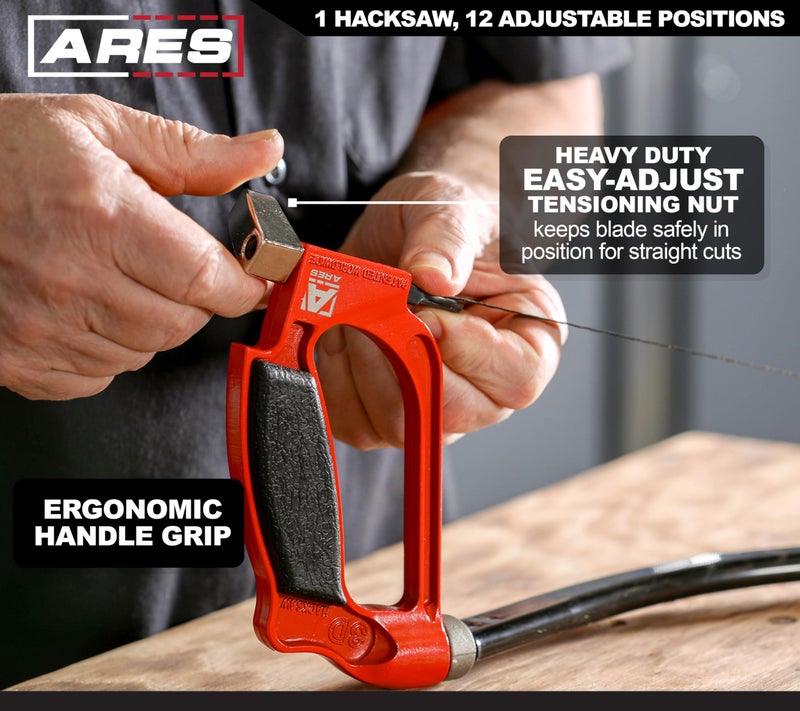 ARES 70098-3D Professional Hacksaw - Multi-Adjustable Arc-Shaped Frame - Multi-Angle Blade Position - 12-Inch Hi-Carbon Steel Blade - Image 4