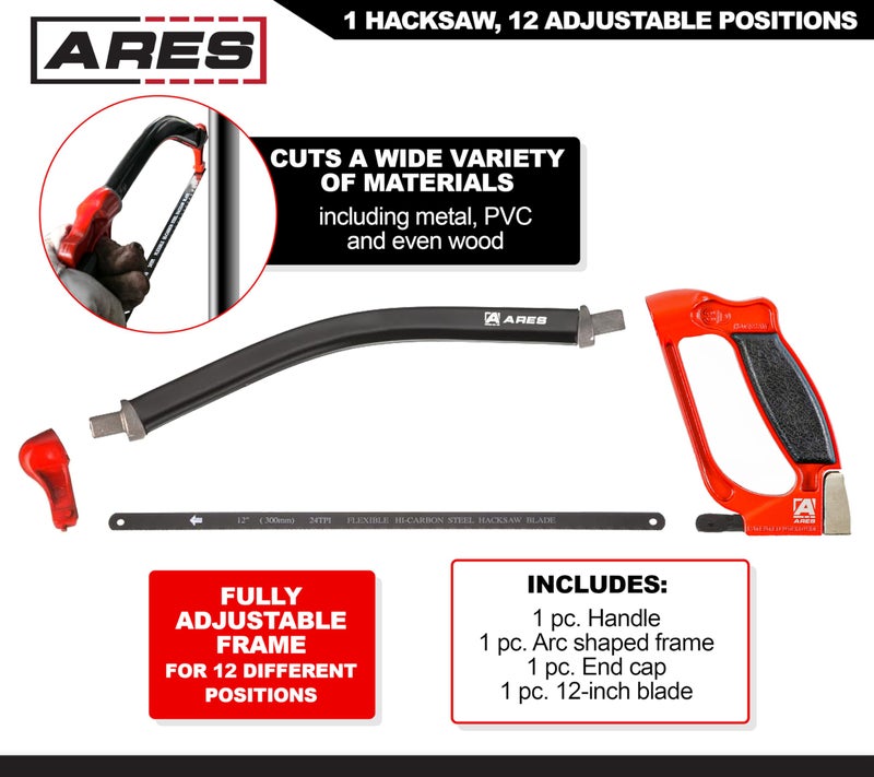 ARES 70098-3D Professional Hacksaw - Multi-Adjustable Arc-Shaped Frame - Multi-Angle Blade Position - 12-Inch Hi-Carbon Steel Blade - Image 2