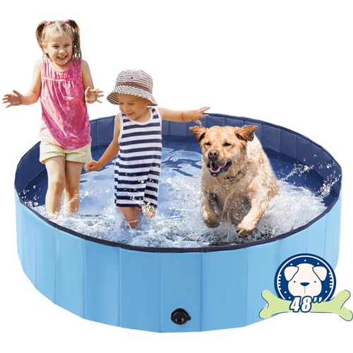 Eooqi Foldable Dog Pool, Portable Pet Bath Tub and Kiddie Swimming Pool, Collapsible Bathtub for Puppies, Small, Medium and Large Dogs, Cats and Kids, 48 x 12 in, Blue - Image 1