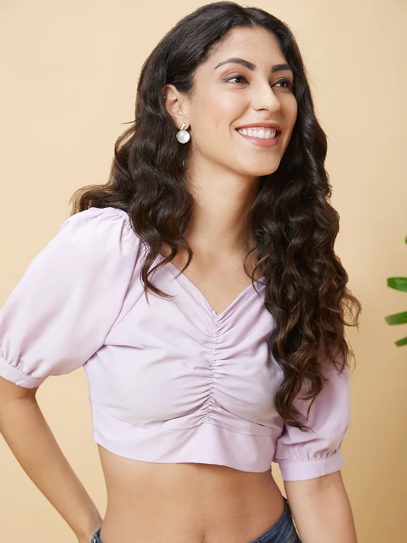 Women V-Neck Gathered Or Pleated Puff Sleeve Crop Top