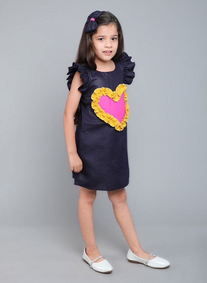 PinkChick Navy Blue Colourblocked A-Line Dress for Girls - Image 3
