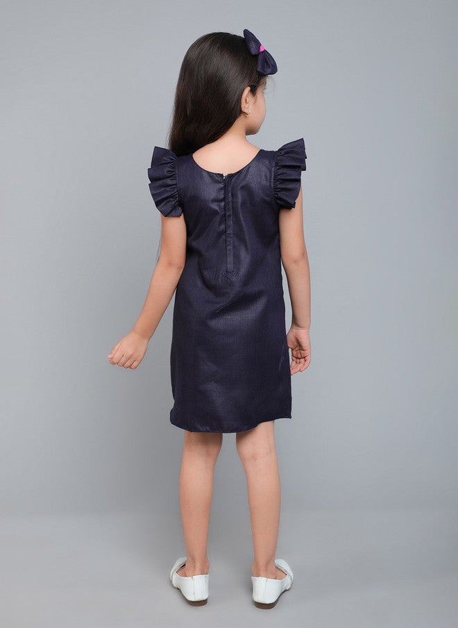 PinkChick Navy Blue Colourblocked A-Line Dress for Girls - Image 5