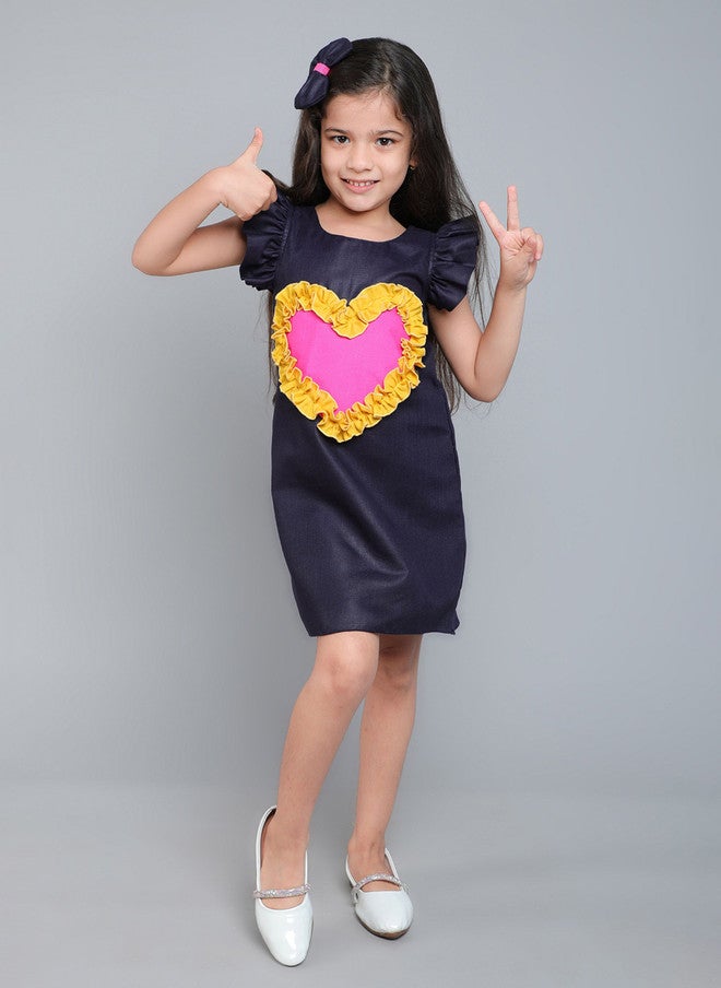 PinkChick Navy Blue Colourblocked A-Line Dress for Girls - Image 1