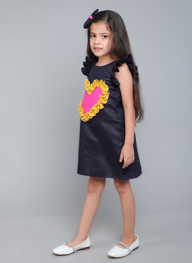 PinkChick Navy Blue Colourblocked A-Line Dress for Girls - Image 4