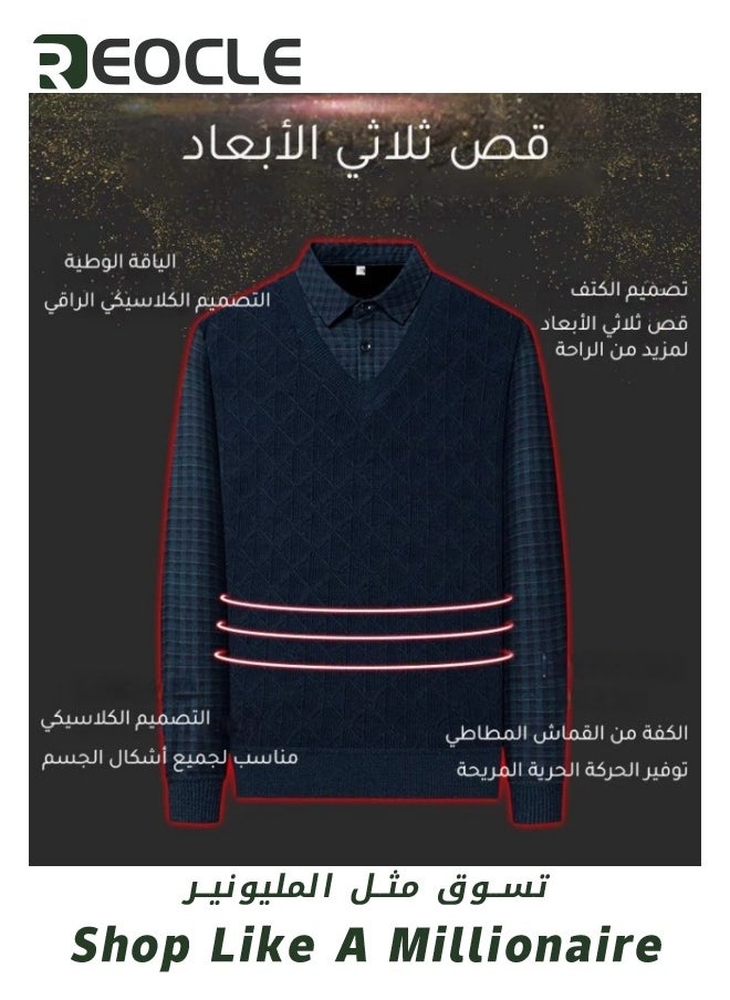 REOCLE Men's Knit Thick Business Shirt with Retro Pattern Pullover Knit Sweater Versatile Kintted Cardigan Sweater Warm and Cozy Brown  - Image 3