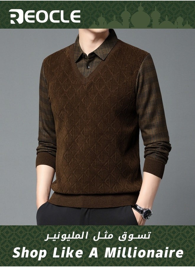 REOCLE Men's Knit Thick Business Shirt with Retro Pattern Pullover Knit Sweater Versatile Kintted Cardigan Sweater Warm and Cozy Brown  - Image 1