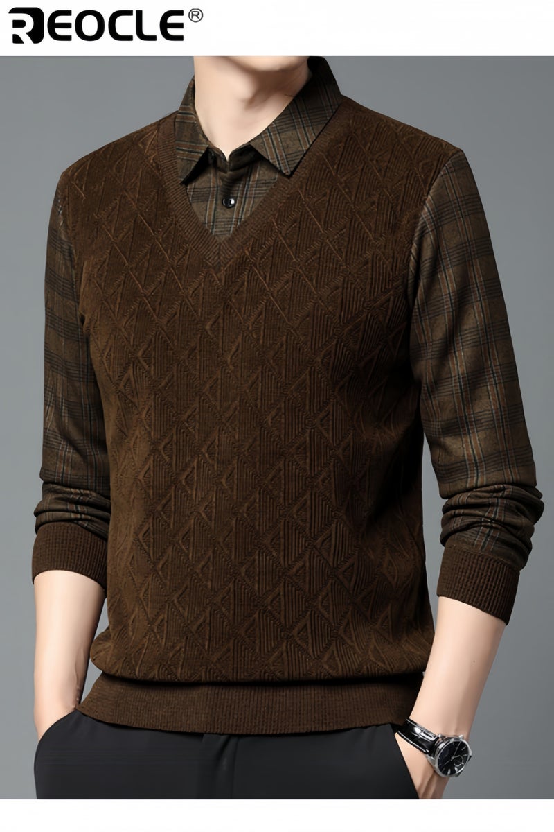 REOCLE Men's Knit Thick Business Shirt with Retro Pattern Pullover Knit Sweater Versatile Kintted Sweater Warm and Cozy Brown - Image 1