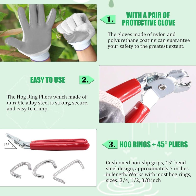 Keadic 362Pcs Angled Hog Ring Pliers with Galvanized Hog Rings, Gloves, 3/4", 1/2", and 3/8" Hog Rings, Professional Upholstery Hog Rings Kit for Plastic Meat & Sausage Casings - Image 4