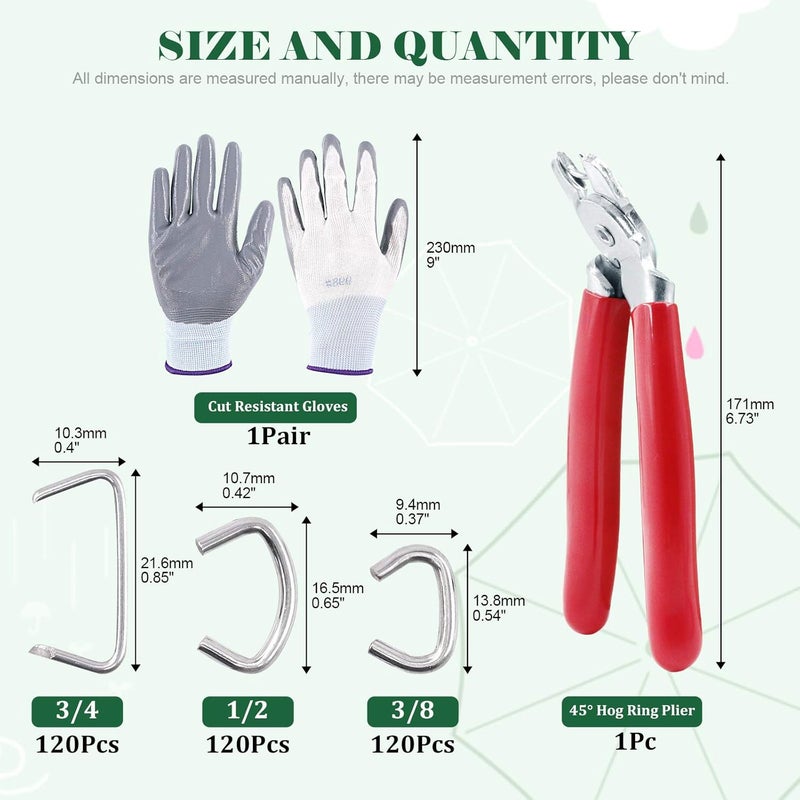 Keadic 362Pcs Angled Hog Ring Pliers with Galvanized Hog Rings, Gloves, 3/4", 1/2", and 3/8" Hog Rings, Professional Upholstery Hog Rings Kit for Plastic Meat & Sausage Casings - Image 2