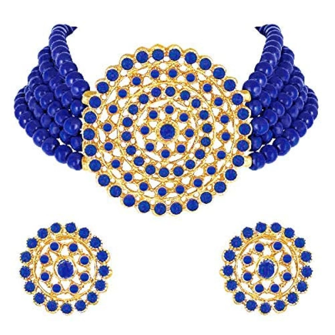Aheli Pearl Diamond Choker Necklace with Round Earrings for Women Girls Indian Traditional Bollywood Fashion Jewelry Set (Blue-1)