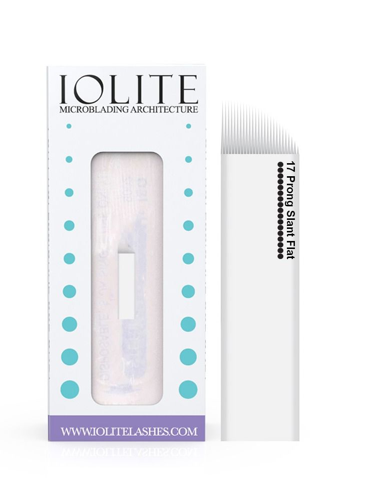 IOLITE إبر Microblading ذات 17 سنًا، إبرة مسطحة مائلة، مقاس 18 مم، شفرة للاستخدام مرة واحدة، عبوة معقمة، 12 قطعة - Image 1